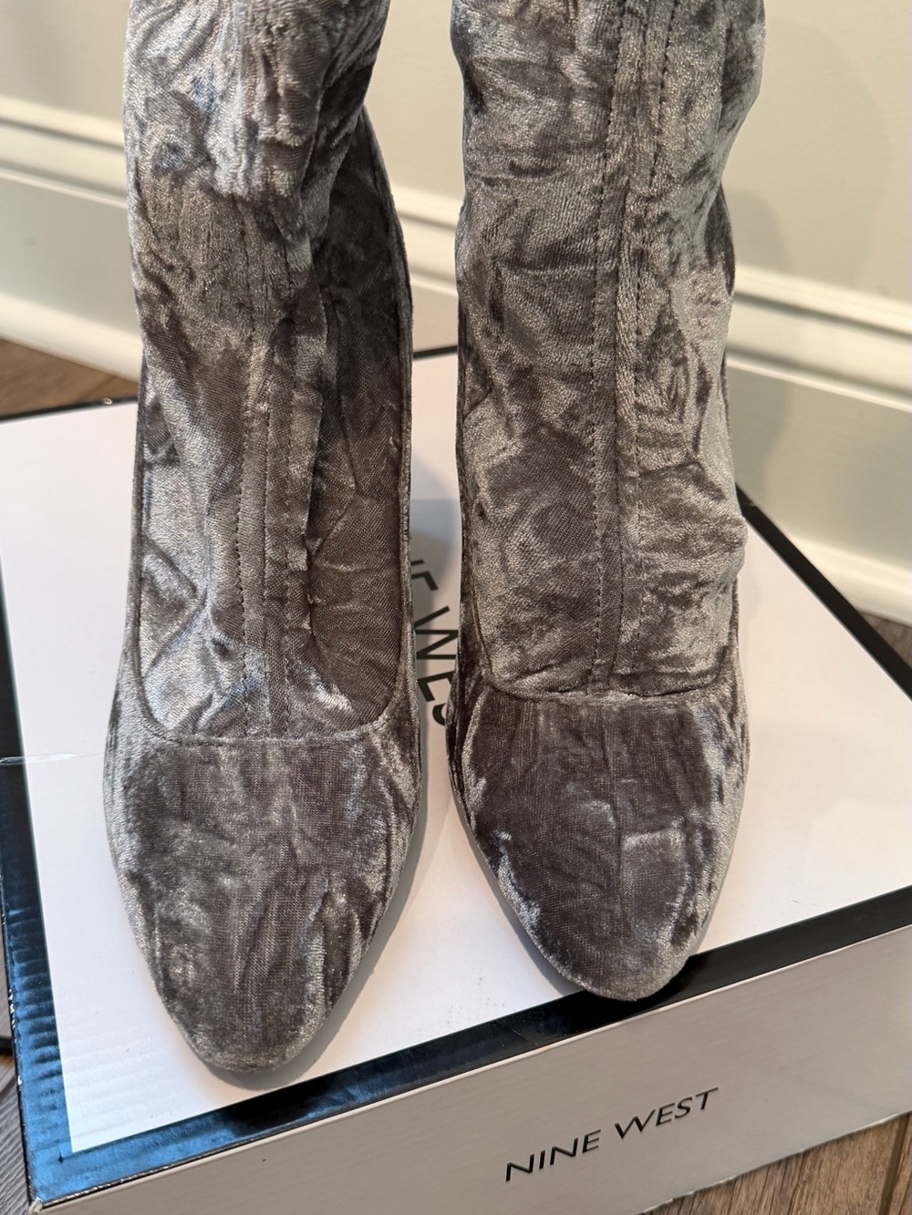 Nine West Silver-Gray Velvet Pointed Toe Boots